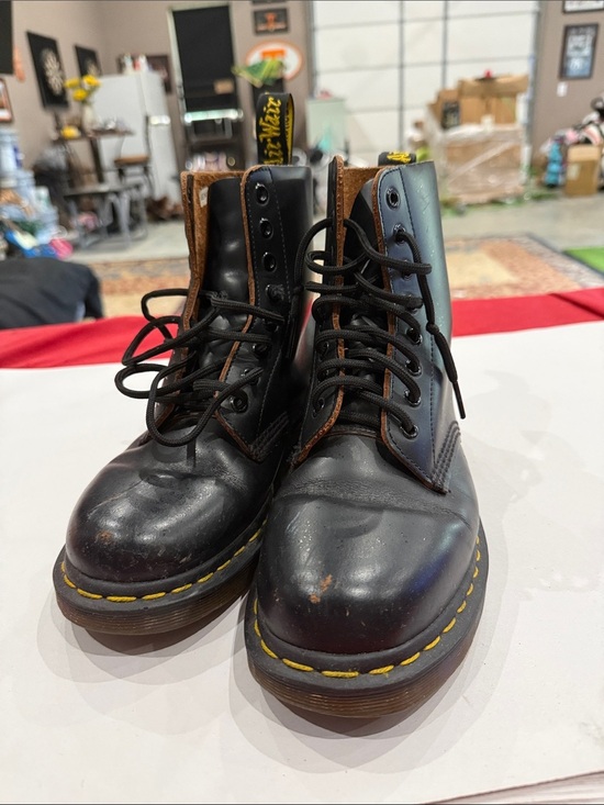 Dr. Martens Black Leather 8-Eye Lace-Up Boots with Yellow Stitching main image 4